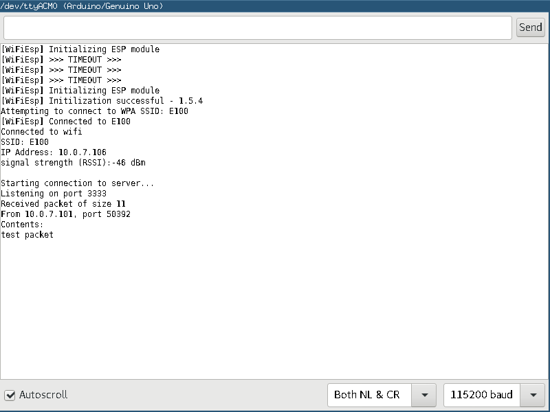 Monitor the results of the WifiBotUDP.ino Sketch