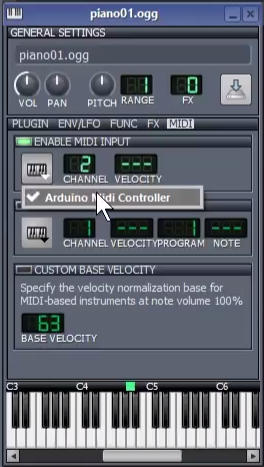 The piano settings window